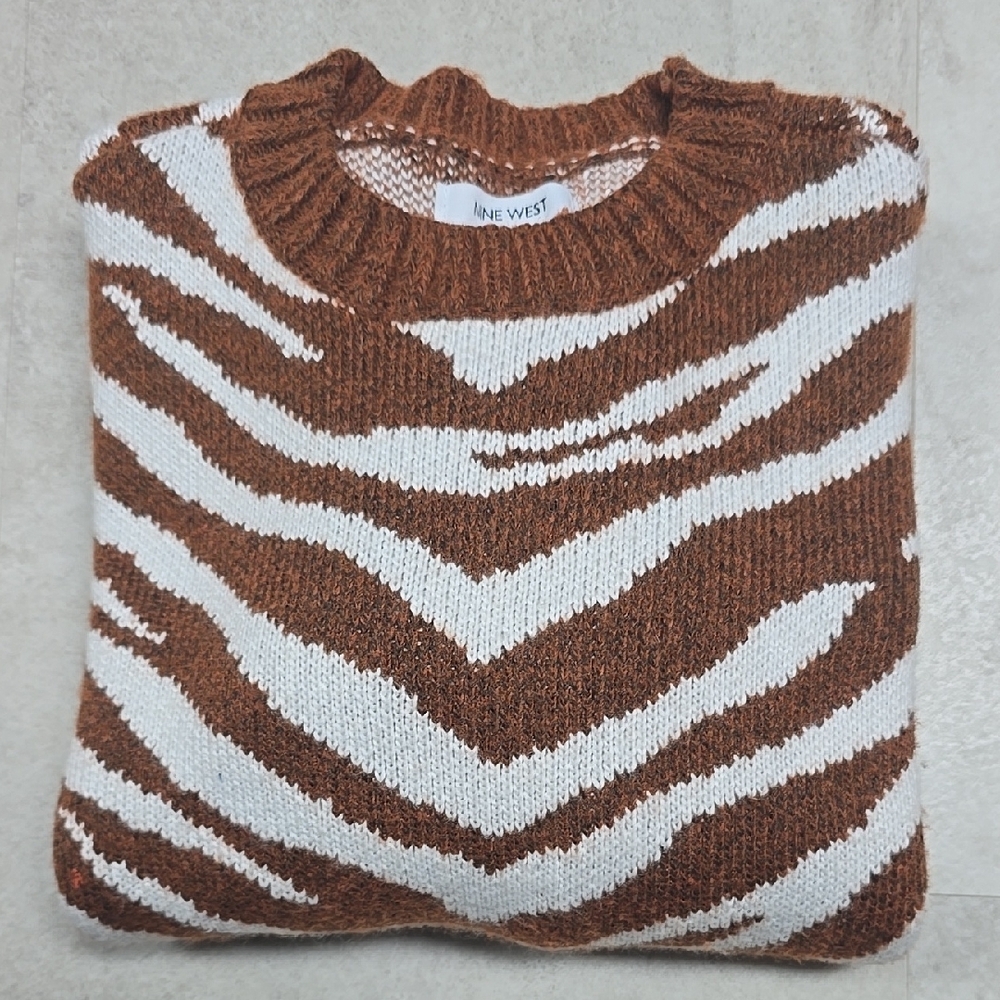Nine West Brown and White Crewneck Sweater with Zebra Pattern